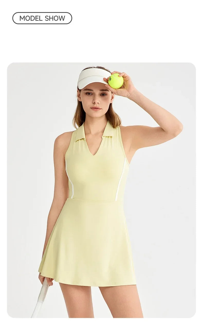 New Sports Dresses Women Tennis Dress Polo Lapel V-Neck Fitness Outfits Golf Skirt with Bra