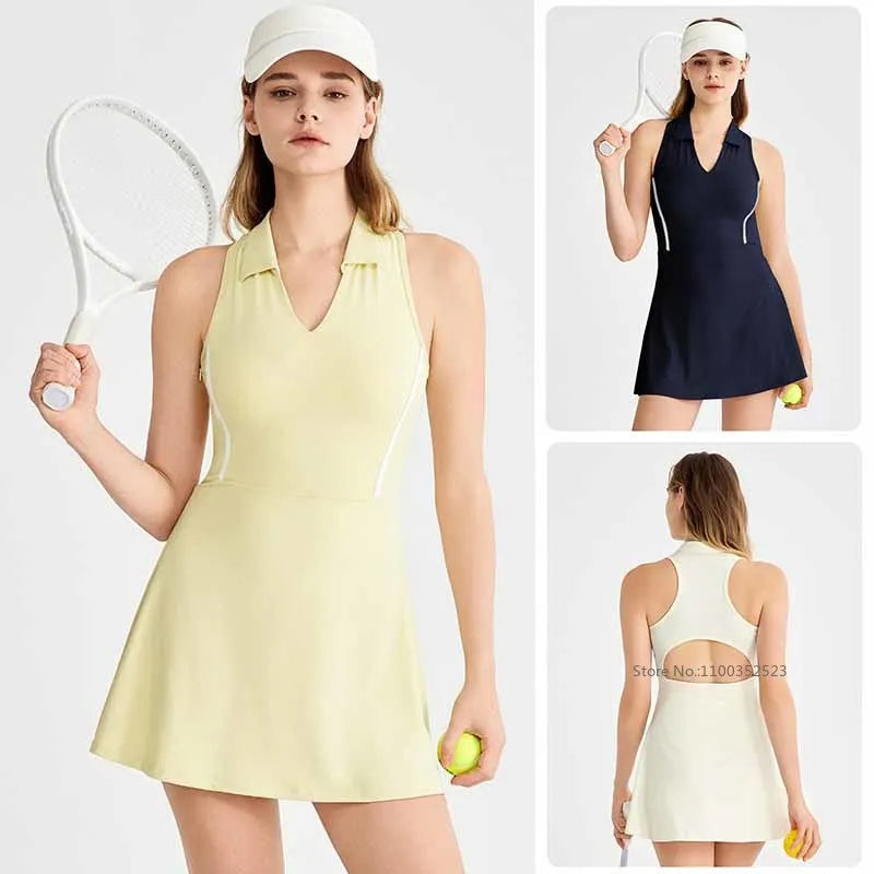 New Sports Dresses Women Tennis Dress Polo Lapel V-Neck Fitness Outfits Golf Skirt with Bra