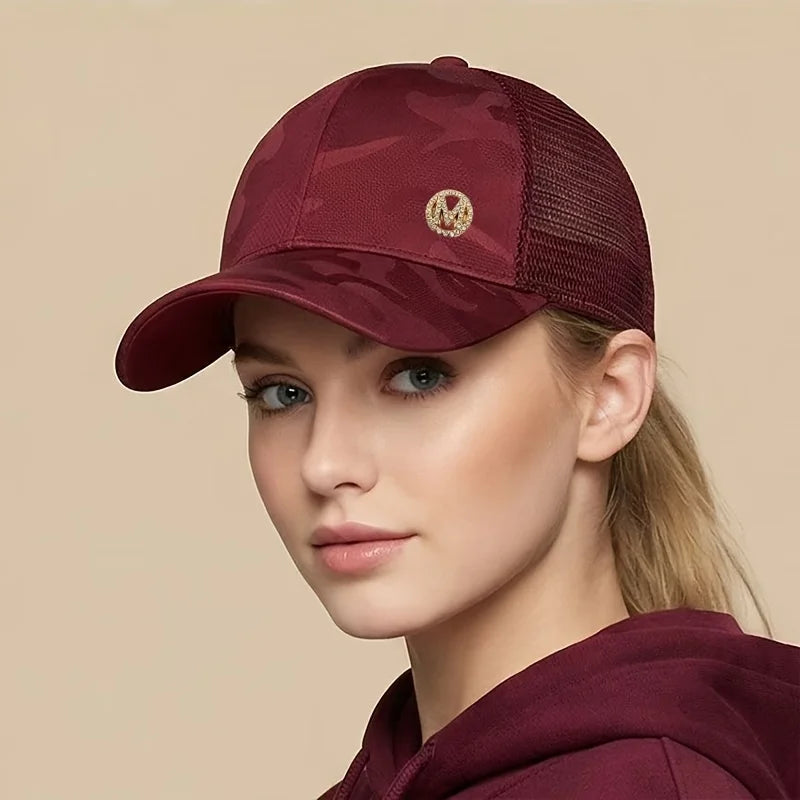 Women's Sporty High Ponytail Baseball Cap, Dark Pattern Camouflage Mesh Breathable Cap, Rhinestone M Logo Trendy Duckbill Cap