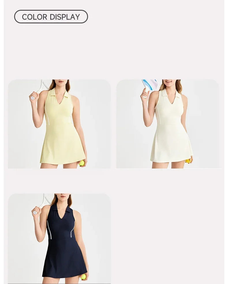 New Sports Dresses Women Tennis Dress Polo Lapel V-Neck Fitness Outfits Golf Skirt with Bra