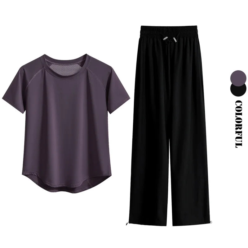 DRUR Loose Breathable Yoga Set Women Lightweight Running Tracksuit 2 Piece Gym Outfit Summer Sportswear Tops Pants Suit Yogawear