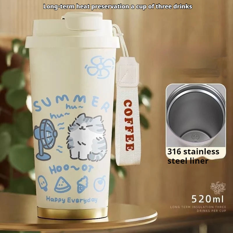 520ml Cute Cartoon Cat Insulated Cup High Appearance Stainless Steel Straw Cup Cold And Hot Insulation Double Drinking Cup
