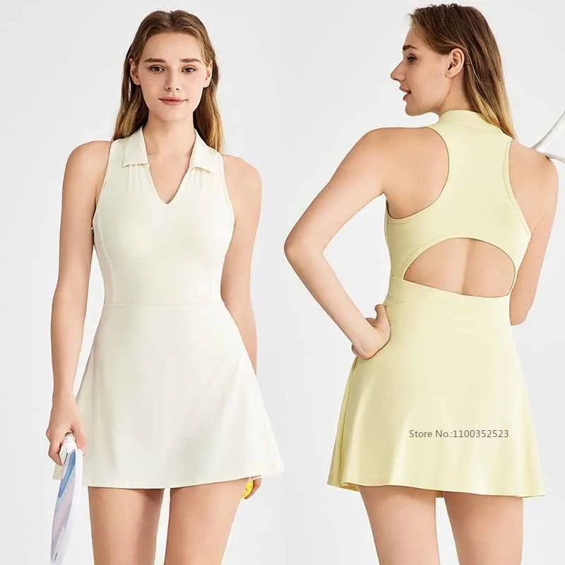 New Sports Dresses Women Tennis Dress Polo Lapel V-Neck Fitness Outfits Golf Skirt with Bra