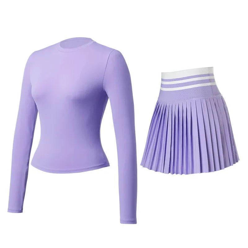 Women'S Sports Suit Tennis Skirt Set Long-Sleeved Yoga Shirt Outdoor Running Skirt Set Breathable Workout Activewear 3XL