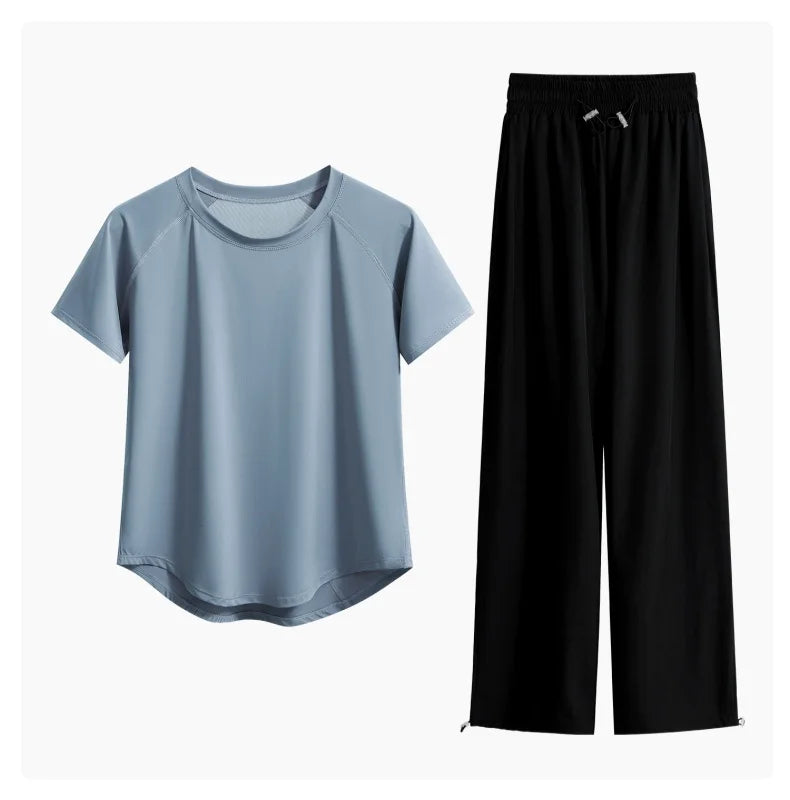 DRUR Loose Breathable Yoga Set Women Lightweight Running Tracksuit 2 Piece Gym Outfit Summer Sportswear Tops Pants Suit Yogawear