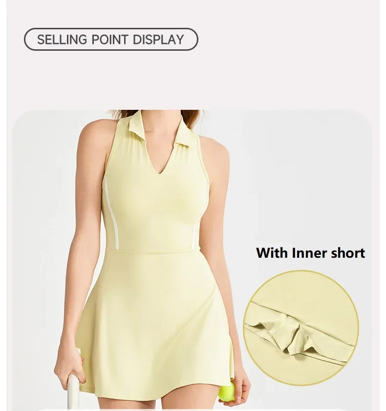 New Sports Dresses Women Tennis Dress Polo Lapel V-Neck Fitness Outfits Golf Skirt with Bra