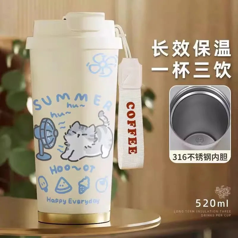 520ml Cute Cartoon Cat Insulated Cup High Appearance Stainless Steel Straw Cup Cold And Hot Insulation Double Drinking Cup