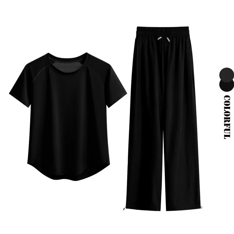DRUR Loose Breathable Yoga Set Women Lightweight Running Tracksuit 2 Piece Gym Outfit Summer Sportswear Tops Pants Suit Yogawear