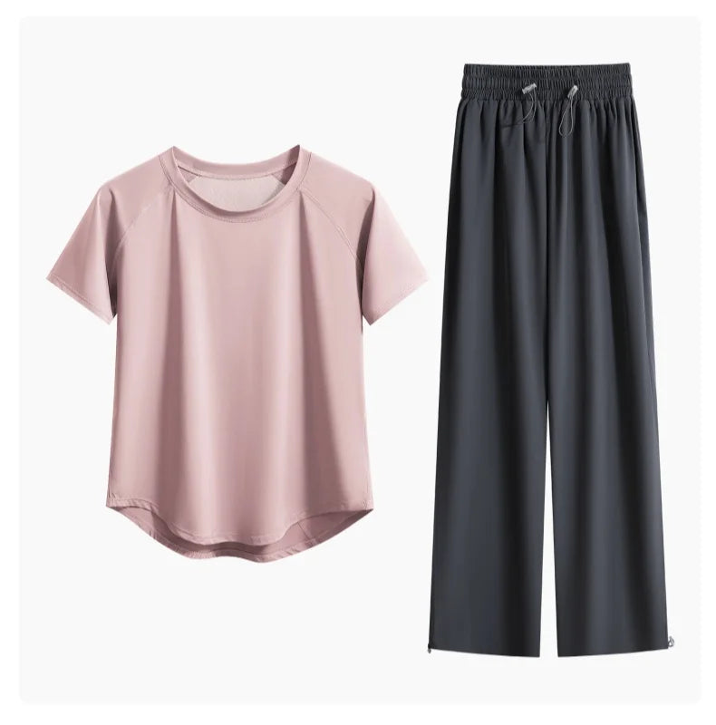 DRUR Loose Breathable Yoga Set Women Lightweight Running Tracksuit 2 Piece Gym Outfit Summer Sportswear Tops Pants Suit Yogawear