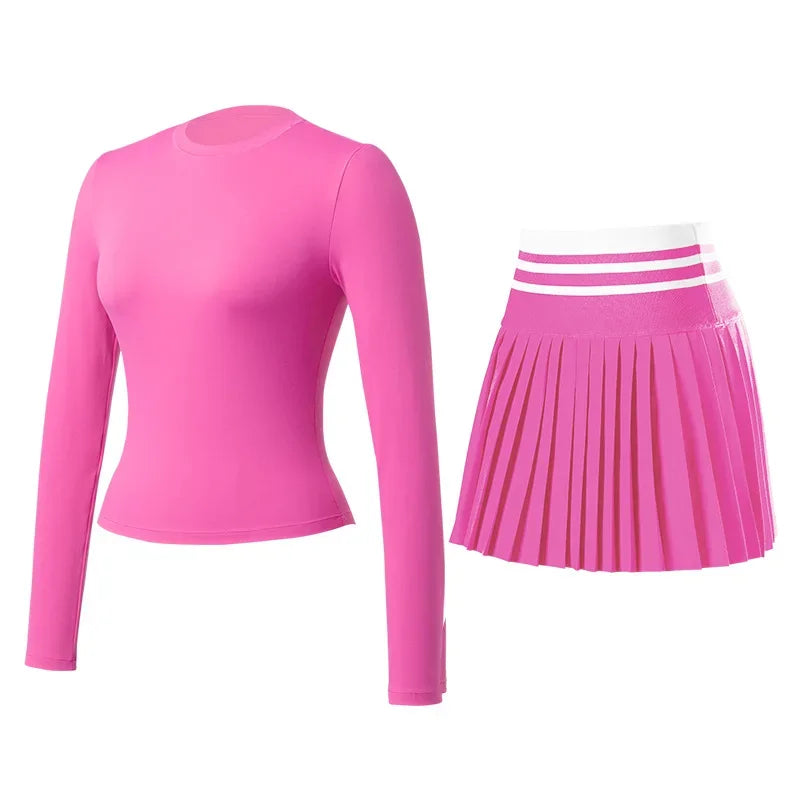 Women'S Sports Suit Tennis Skirt Set Long-Sleeved Yoga Shirt Outdoor Running Skirt Set Breathable Workout Activewear 3XL