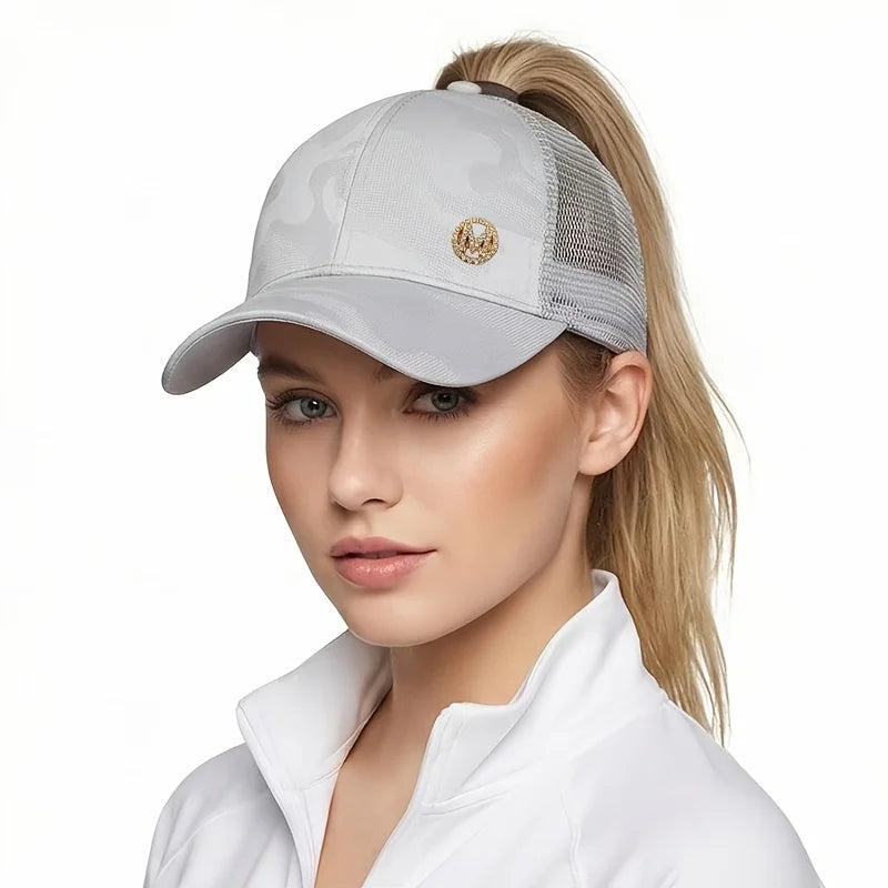 Women's Sporty High Ponytail Baseball Cap, Dark Pattern Camouflage Mesh Breathable Cap, Rhinestone M Logo Trendy Duckbill Cap