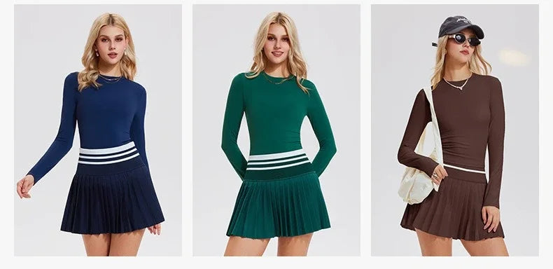 Women'S Sports Suit Tennis Skirt Set Long-Sleeved Yoga Shirt Outdoor Running Skirt Set Breathable Workout Activewear 3XL