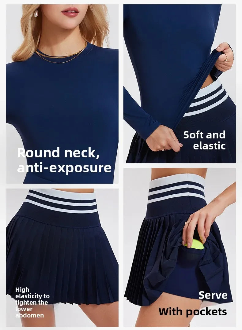 Women'S Sports Suit Tennis Skirt Set Long-Sleeved Yoga Shirt Outdoor Running Skirt Set Breathable Workout Activewear 3XL