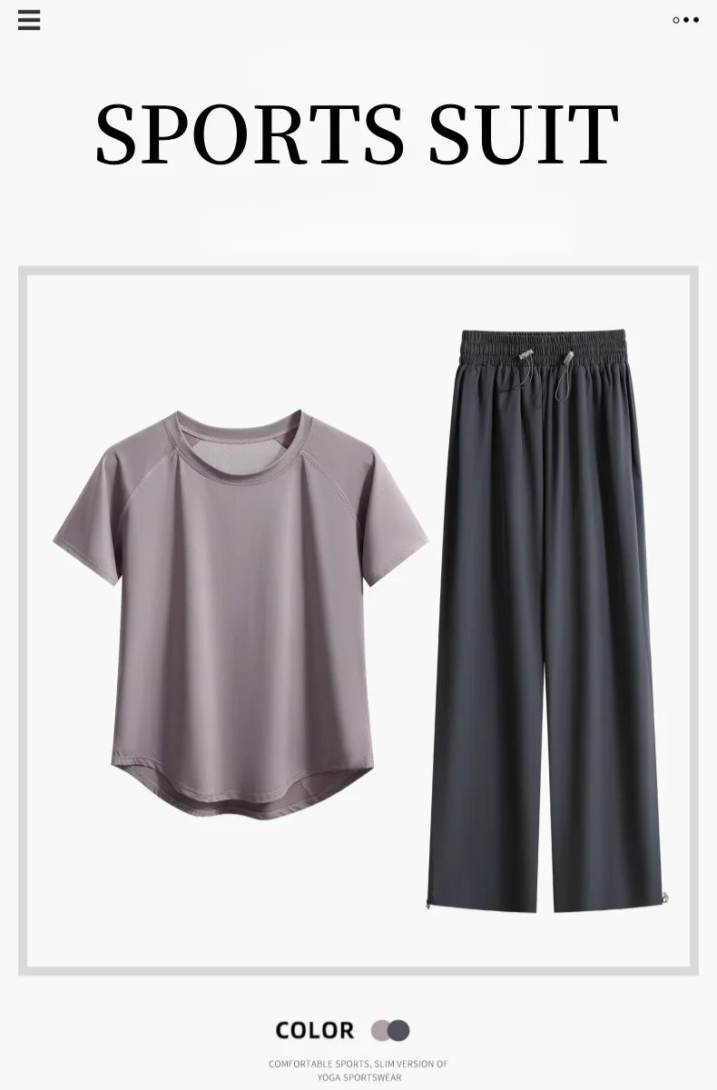 DRUR Loose Breathable Yoga Set Women Lightweight Running Tracksuit 2 Piece Gym Outfit Summer Sportswear Tops Pants Suit Yogawear