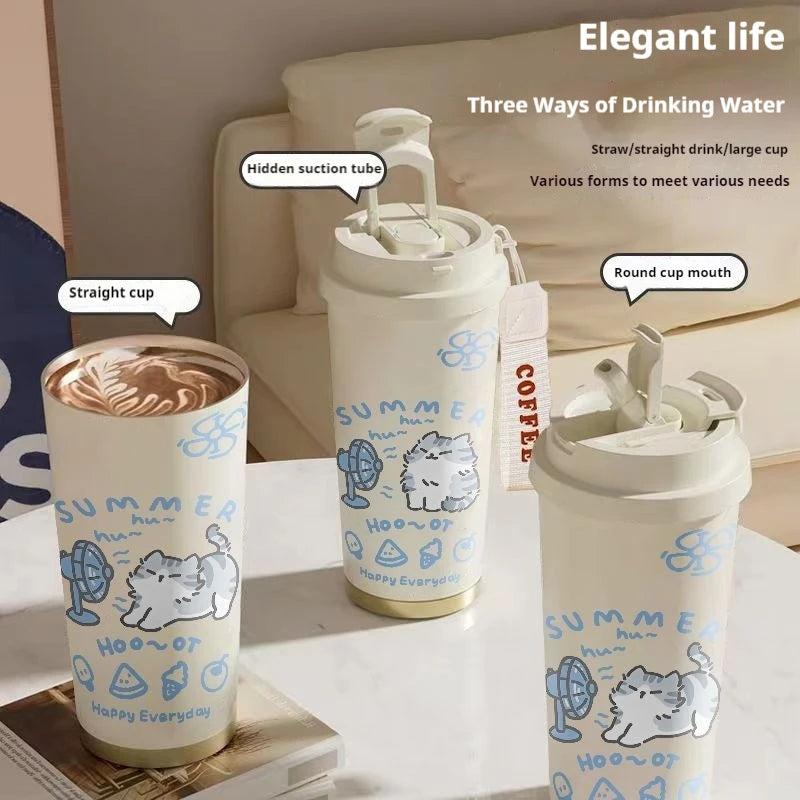 520ml Cute Cartoon Cat Insulated Cup High Appearance Stainless Steel Straw Cup Cold And Hot Insulation Double Drinking Cup