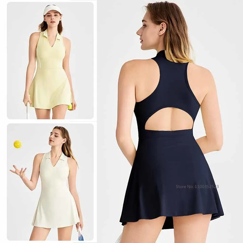 New Sports Dresses Women Tennis Dress Polo Lapel V-Neck Fitness Outfits Golf Skirt with Bra