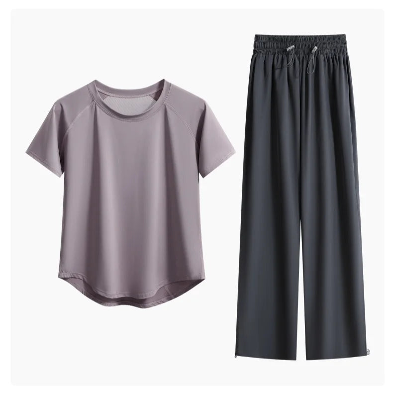 DRUR Loose Breathable Yoga Set Women Lightweight Running Tracksuit 2 Piece Gym Outfit Summer Sportswear Tops Pants Suit Yogawear