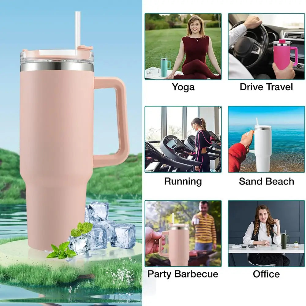 40oz Stainless Steel Insulated Car Mug Large Capacity Portable Travel Cup with Handle And Straw for Hot And Cold Beverages