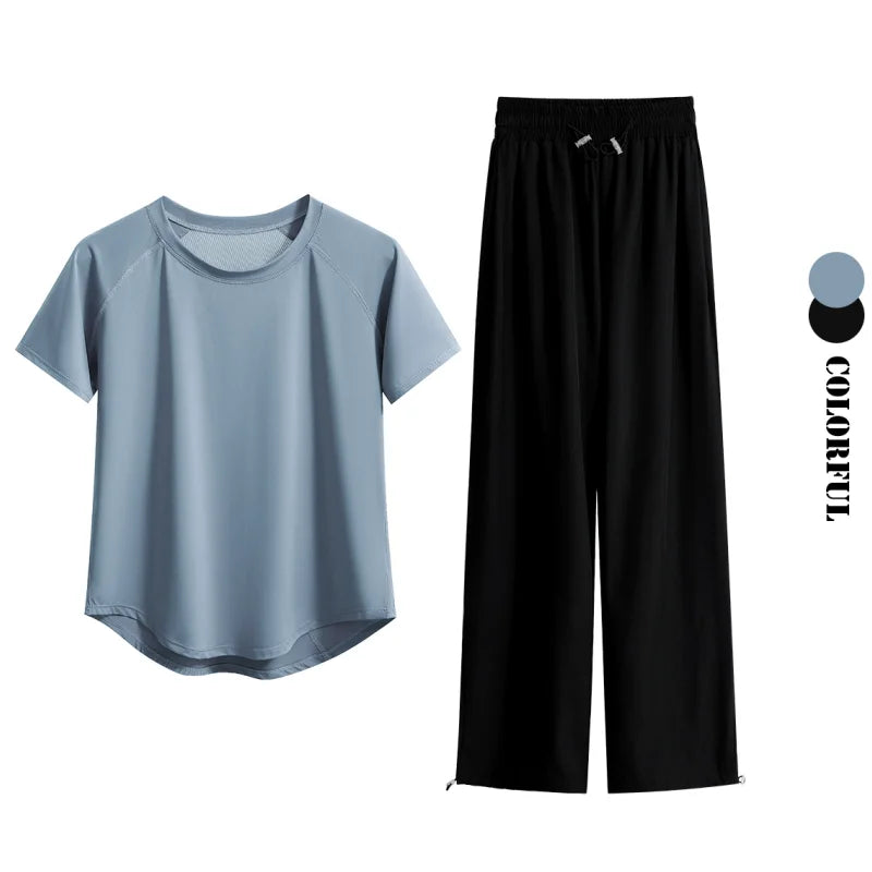 DRUR Loose Breathable Yoga Set Women Lightweight Running Tracksuit 2 Piece Gym Outfit Summer Sportswear Tops Pants Suit Yogawear