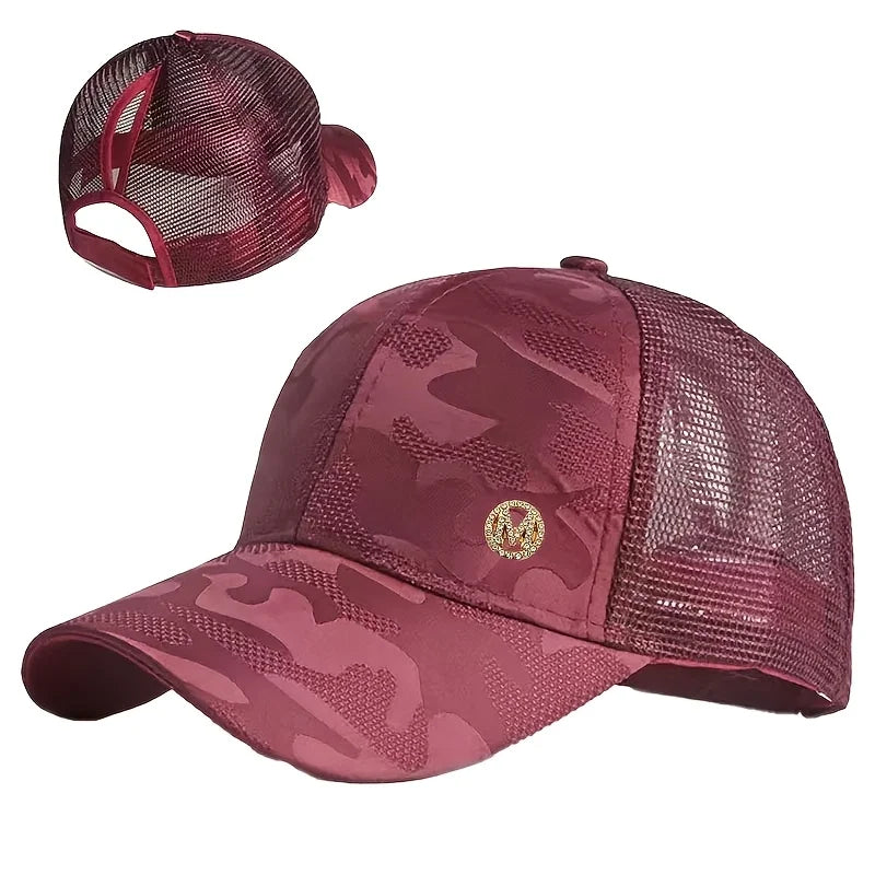 Women's Sporty High Ponytail Baseball Cap, Dark Pattern Camouflage Mesh Breathable Cap, Rhinestone M Logo Trendy Duckbill Cap