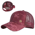 Women's Sporty High Ponytail Baseball Cap, Dark Pattern Camouflage Mesh Breathable Cap, Rhinestone M Logo Trendy Duckbill Cap