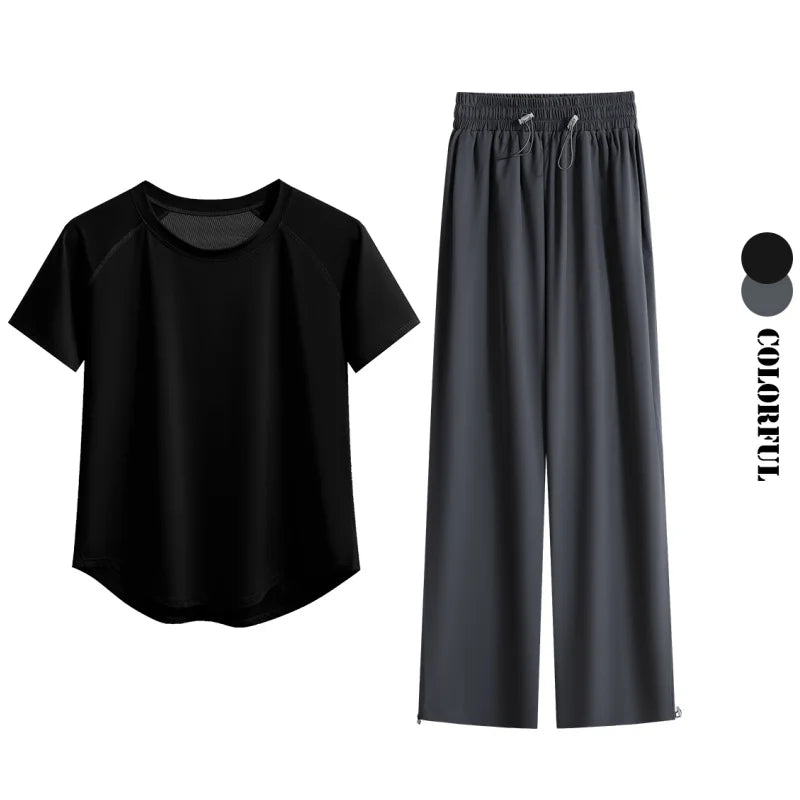 DRUR Loose Breathable Yoga Set Women Lightweight Running Tracksuit 2 Piece Gym Outfit Summer Sportswear Tops Pants Suit Yogawear