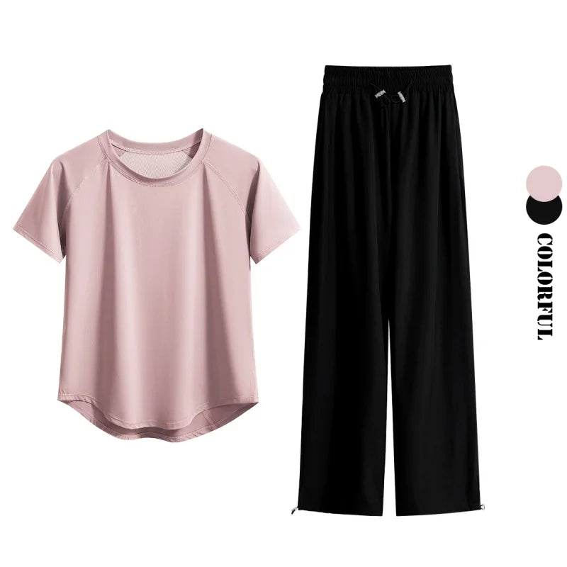 DRUR Loose Breathable Yoga Set Women Lightweight Running Tracksuit 2 Piece Gym Outfit Summer Sportswear Tops Pants Suit Yogawear