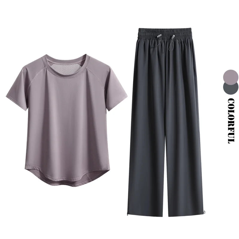 DRUR Loose Breathable Yoga Set Women Lightweight Running Tracksuit 2 Piece Gym Outfit Summer Sportswear Tops Pants Suit Yogawear
