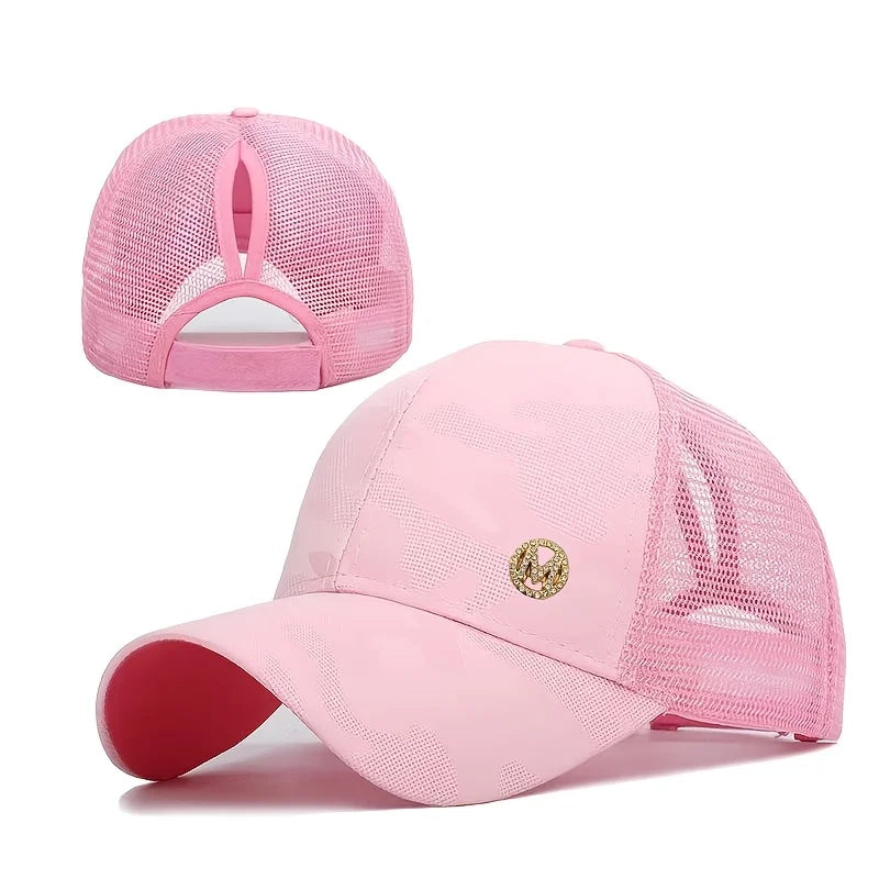 Women's Sporty High Ponytail Baseball Cap, Dark Pattern Camouflage Mesh Breathable Cap, Rhinestone M Logo Trendy Duckbill Cap
