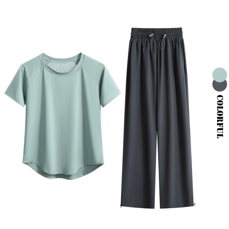 DRUR Loose Breathable Yoga Set Women Lightweight Running Tracksuit 2 Piece Gym Outfit Summer Sportswear Tops Pants Suit Yogawear