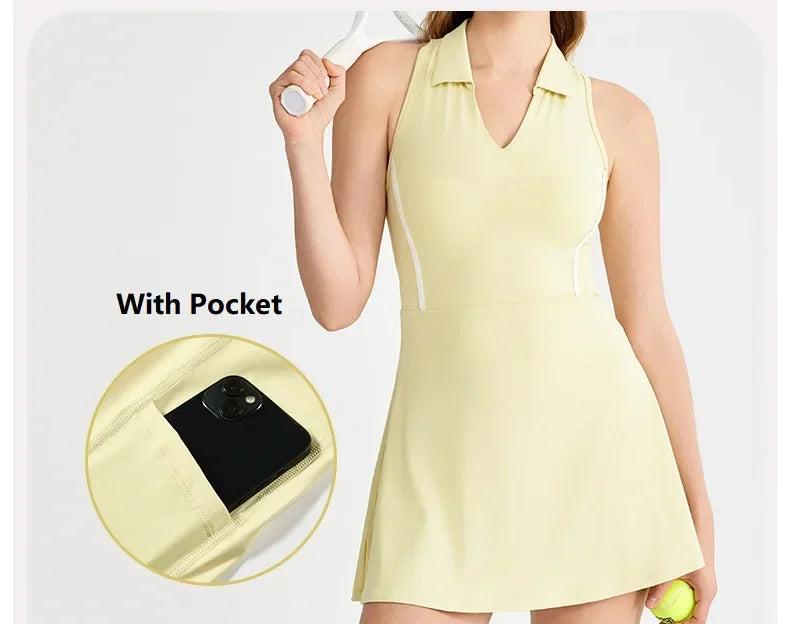 New Sports Dresses Women Tennis Dress Polo Lapel V-Neck Fitness Outfits Golf Skirt with Bra