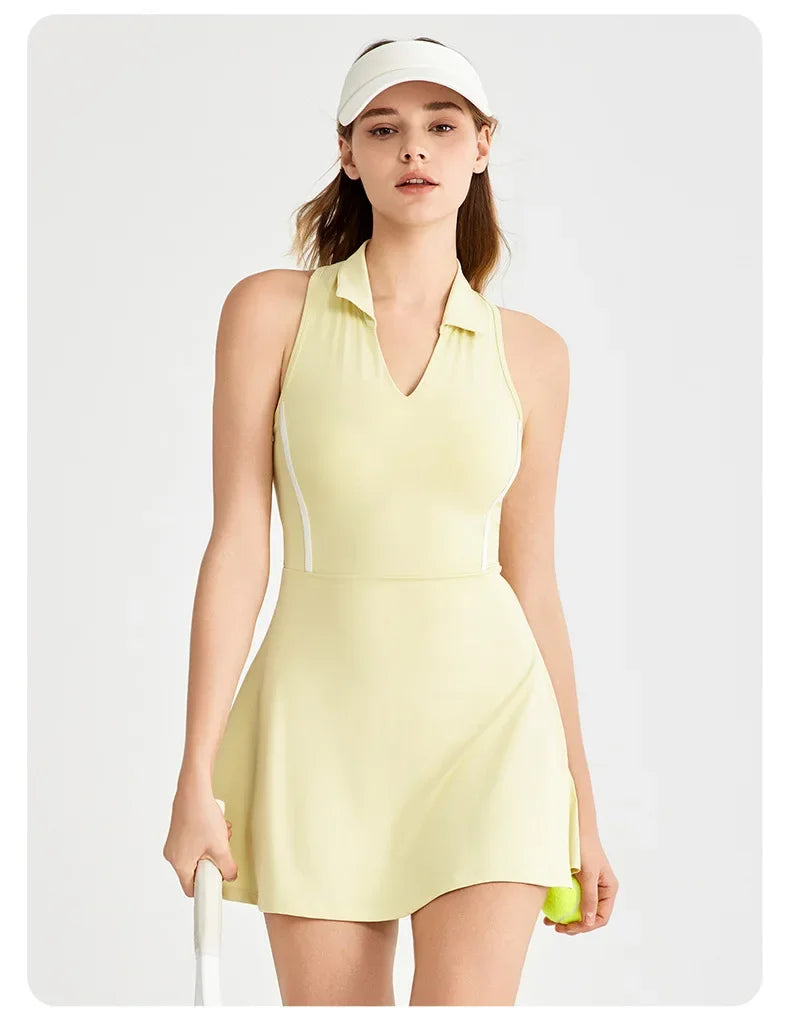 New Sports Dresses Women Tennis Dress Polo Lapel V-Neck Fitness Outfits Golf Skirt with Bra