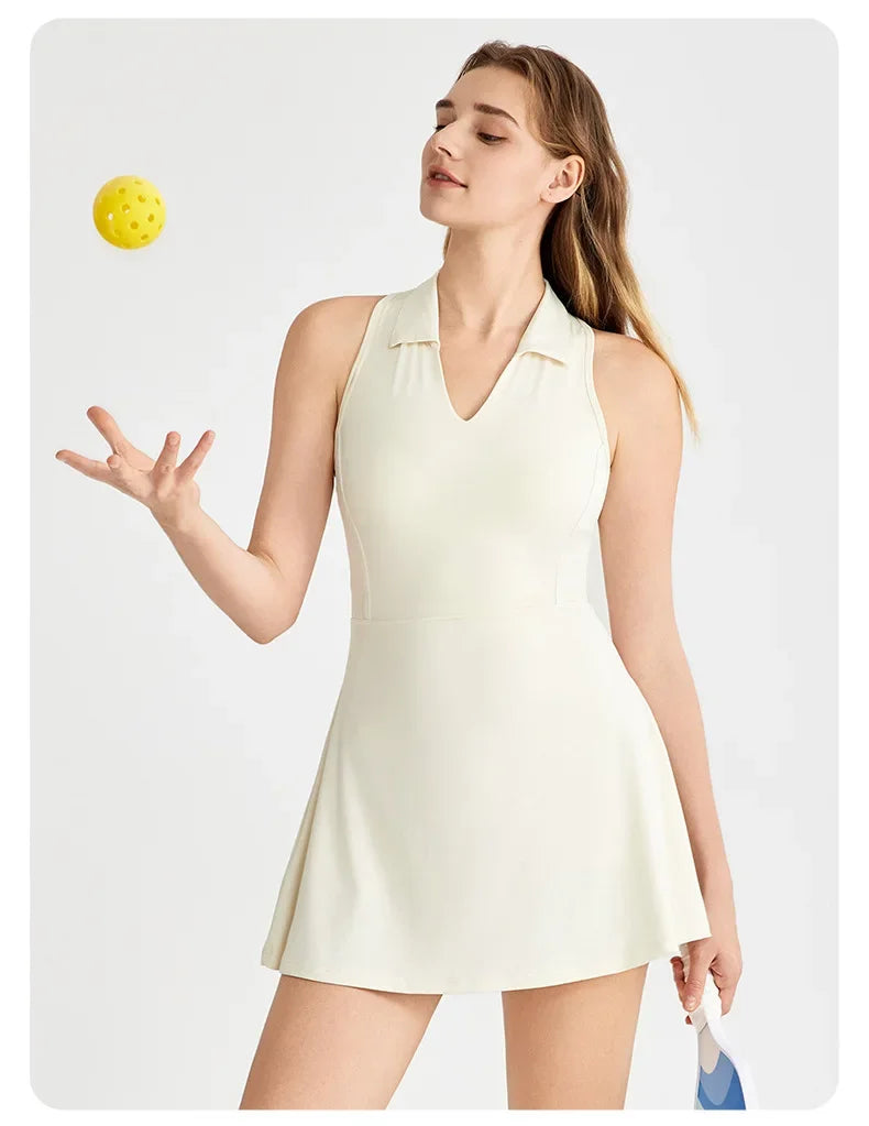 New Sports Dresses Women Tennis Dress Polo Lapel V-Neck Fitness Outfits Golf Skirt with Bra