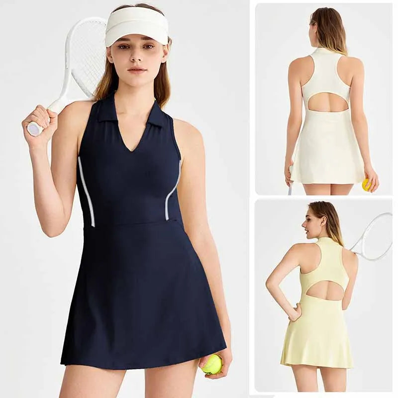 New Sports Dresses Women Tennis Dress Polo Lapel V-Neck Fitness Outfits Golf Skirt with Bra