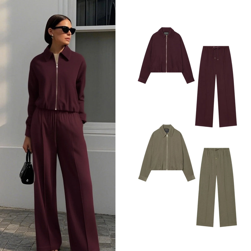 Women's Casual Sport Long Pants Sets Or Female Spring Autumn Long-Sleeve Loose Simple Pilot Jacket Or Lady Wide-Leg Trousers