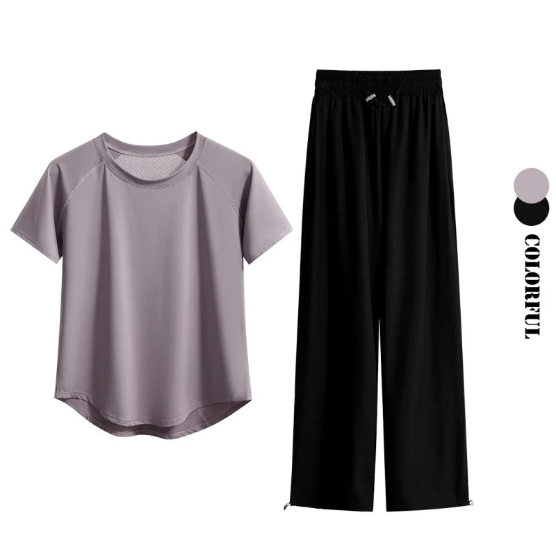 DRUR Loose Breathable Yoga Set Women Lightweight Running Tracksuit 2 Piece Gym Outfit Summer Sportswear Tops Pants Suit Yogawear