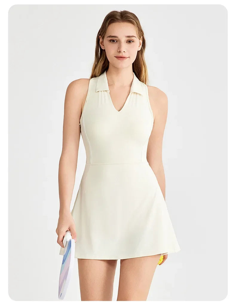 New Sports Dresses Women Tennis Dress Polo Lapel V-Neck Fitness Outfits Golf Skirt with Bra