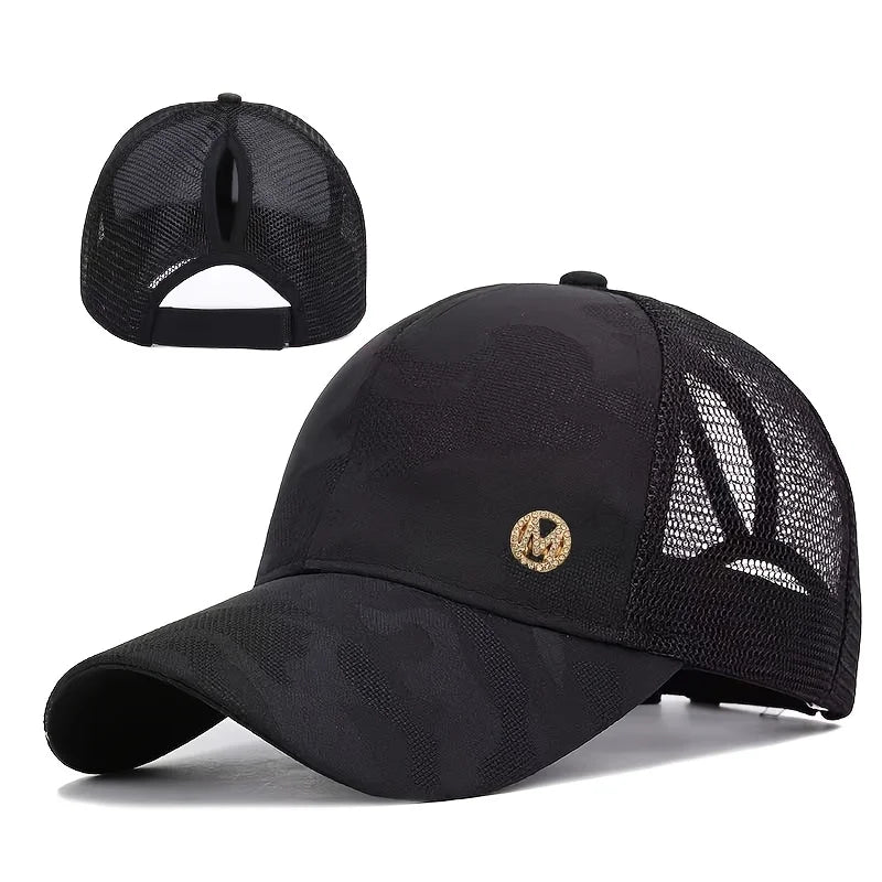 Women's Sporty High Ponytail Baseball Cap, Dark Pattern Camouflage Mesh Breathable Cap, Rhinestone M Logo Trendy Duckbill Cap