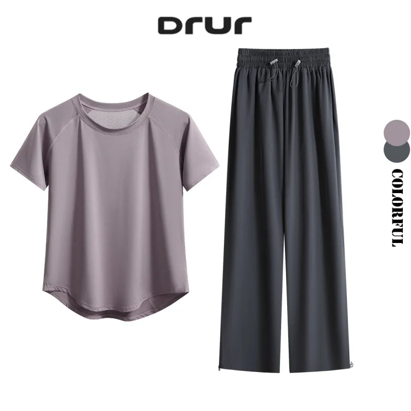 DRUR Loose Breathable Yoga Set Women Lightweight Running Tracksuit 2 Piece Gym Outfit Summer Sportswear Tops Pants Suit Yogawear
