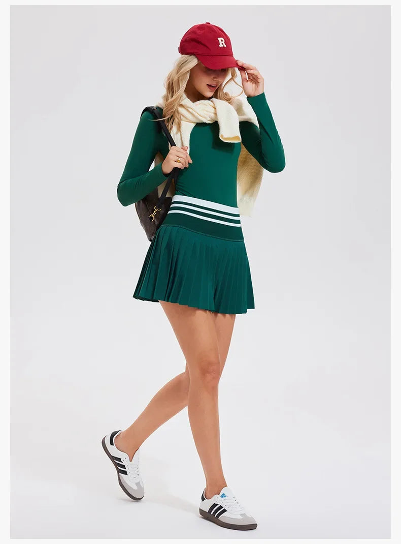 Women'S Sports Suit Tennis Skirt Set Long-Sleeved Yoga Shirt Outdoor Running Skirt Set Breathable Workout Activewear 3XL
