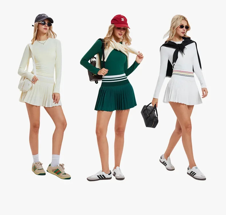 Women'S Sports Suit Tennis Skirt Set Long-Sleeved Yoga Shirt Outdoor Running Skirt Set Breathable Workout Activewear 3XL