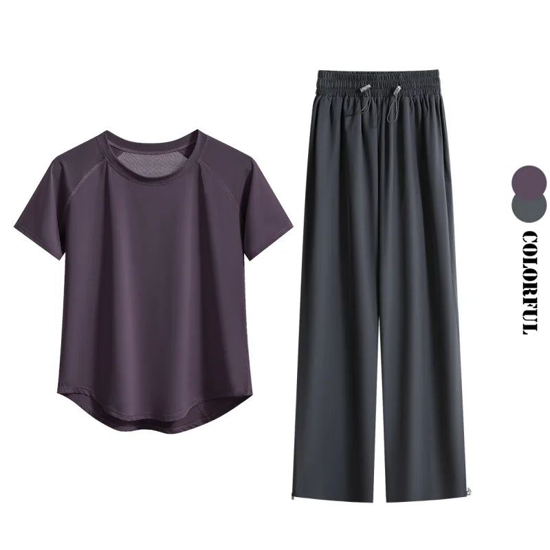 DRUR Loose Breathable Yoga Set Women Lightweight Running Tracksuit 2 Piece Gym Outfit Summer Sportswear Tops Pants Suit Yogawear
