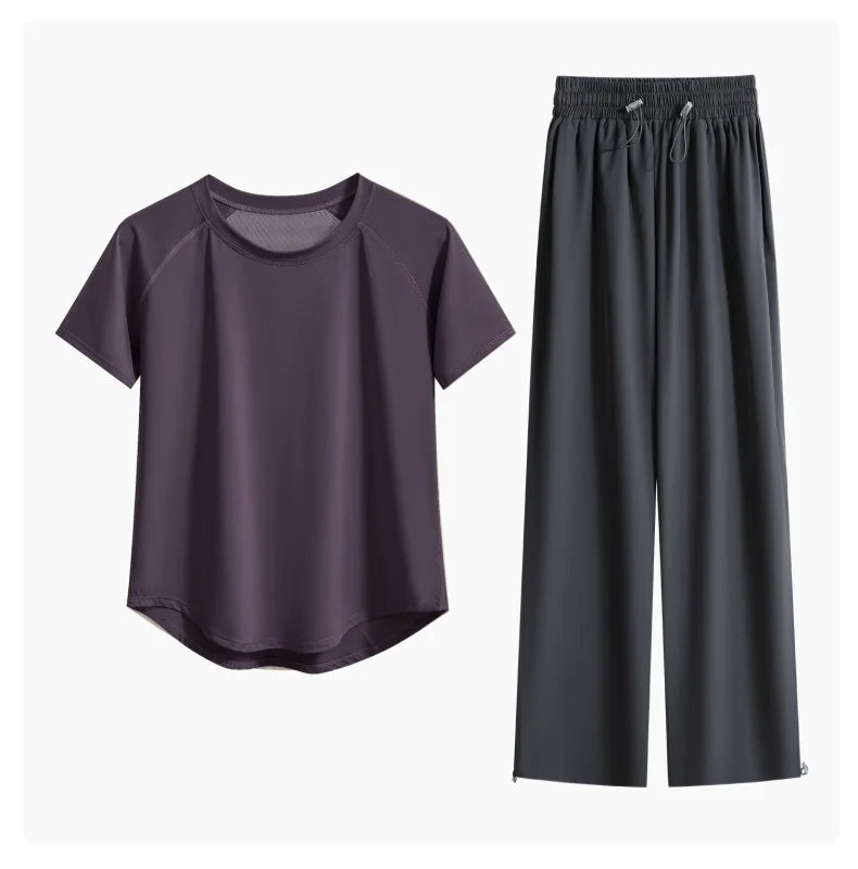 DRUR Loose Breathable Yoga Set Women Lightweight Running Tracksuit 2 Piece Gym Outfit Summer Sportswear Tops Pants Suit Yogawear