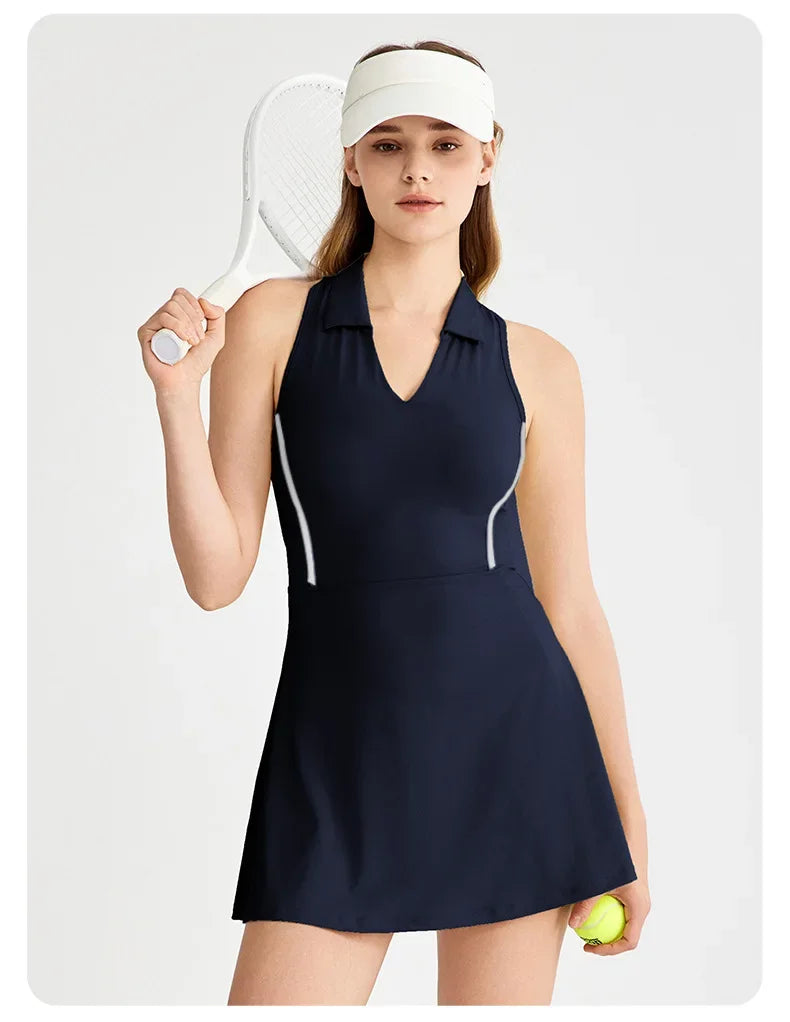 New Sports Dresses Women Tennis Dress Polo Lapel V-Neck Fitness Outfits Golf Skirt with Bra