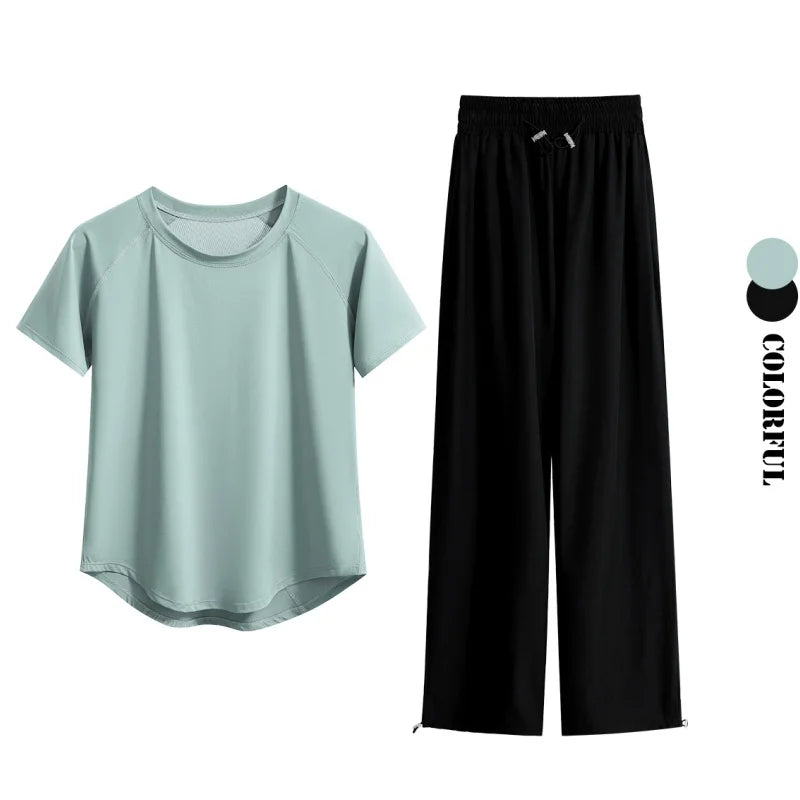 DRUR Loose Breathable Yoga Set Women Lightweight Running Tracksuit 2 Piece Gym Outfit Summer Sportswear Tops Pants Suit Yogawear