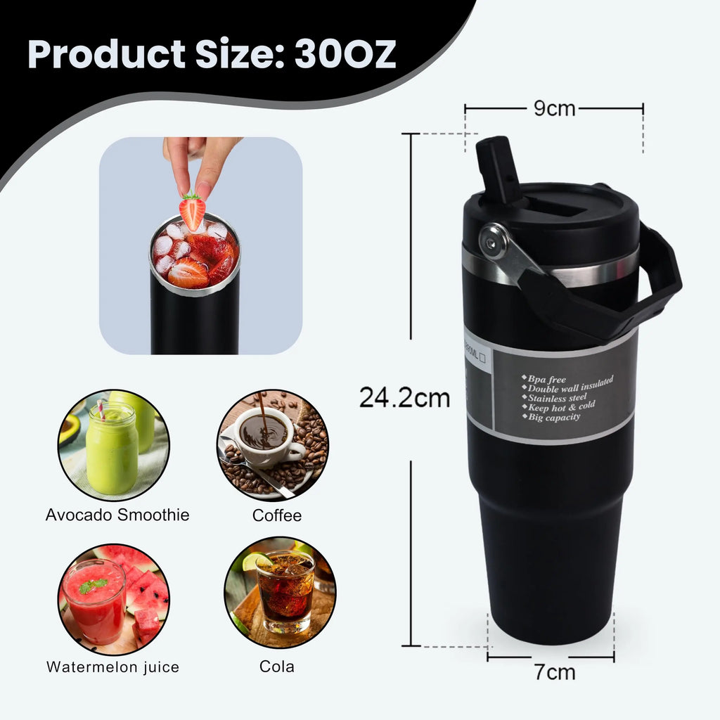 30-ounce insulated travel cup with handle, stainless steel double-wall vacuum milk cup