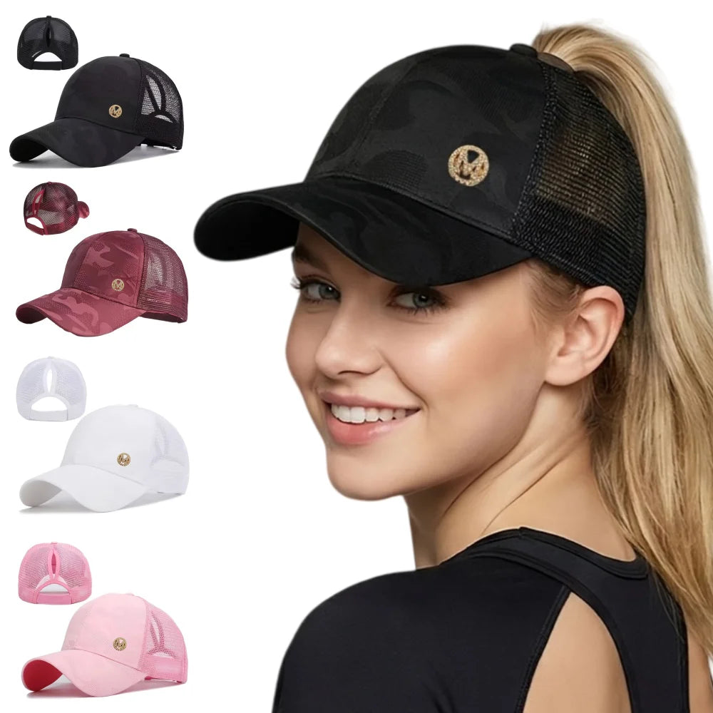 Women's Sporty High Ponytail Baseball Cap, Dark Pattern Camouflage Mesh Breathable Cap, Rhinestone M Logo Trendy Duckbill Cap