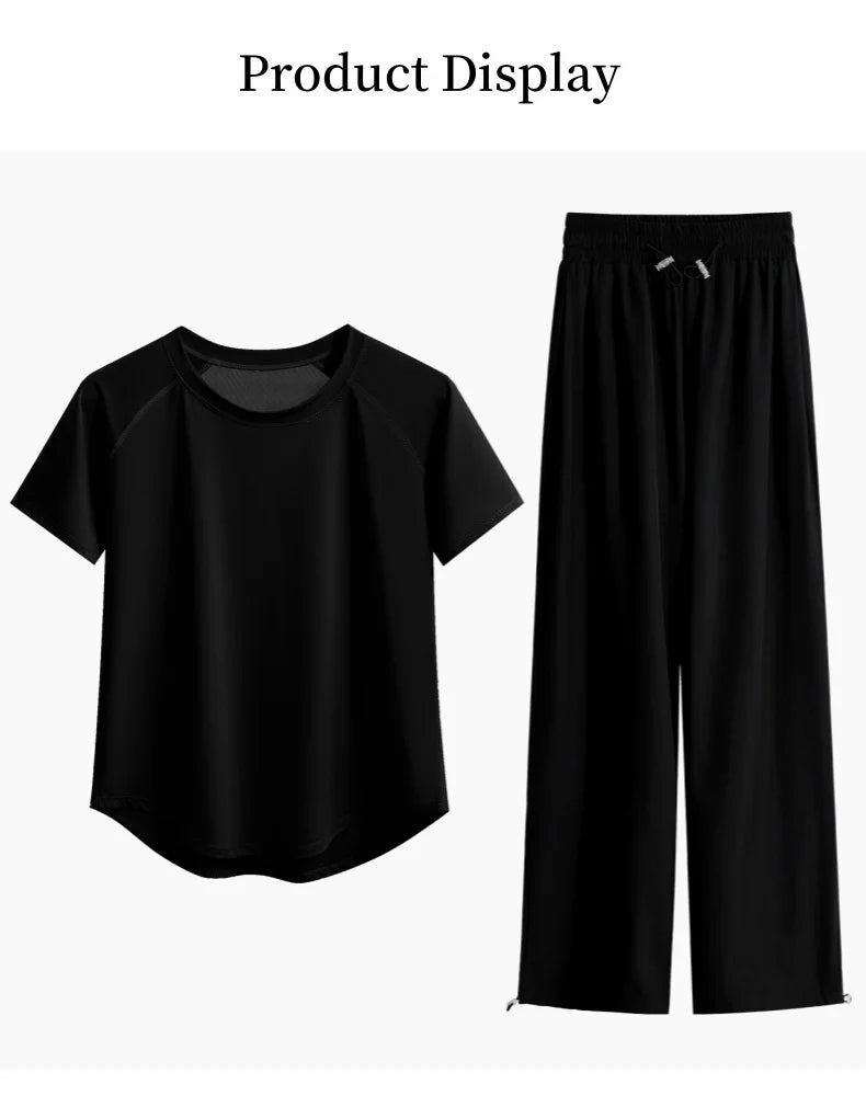 DRUR Loose Breathable Yoga Set Women Lightweight Running Tracksuit 2 Piece Gym Outfit Summer Sportswear Tops Pants Suit Yogawear