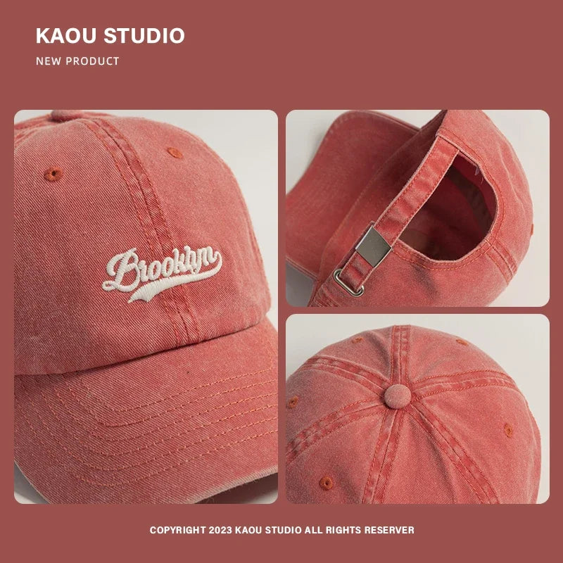 Washed-out Vintage Embroidered Baseball Cap Female Big Head Circumference Hat Male Versatile Couple Wide Brim Soft Peaked Cap