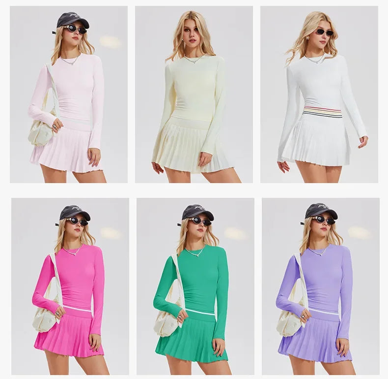 Women'S Sports Suit Tennis Skirt Set Long-Sleeved Yoga Shirt Outdoor Running Skirt Set Breathable Workout Activewear 3XL